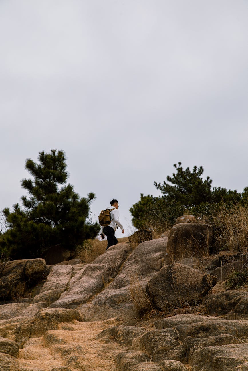 a person walking on the rocks